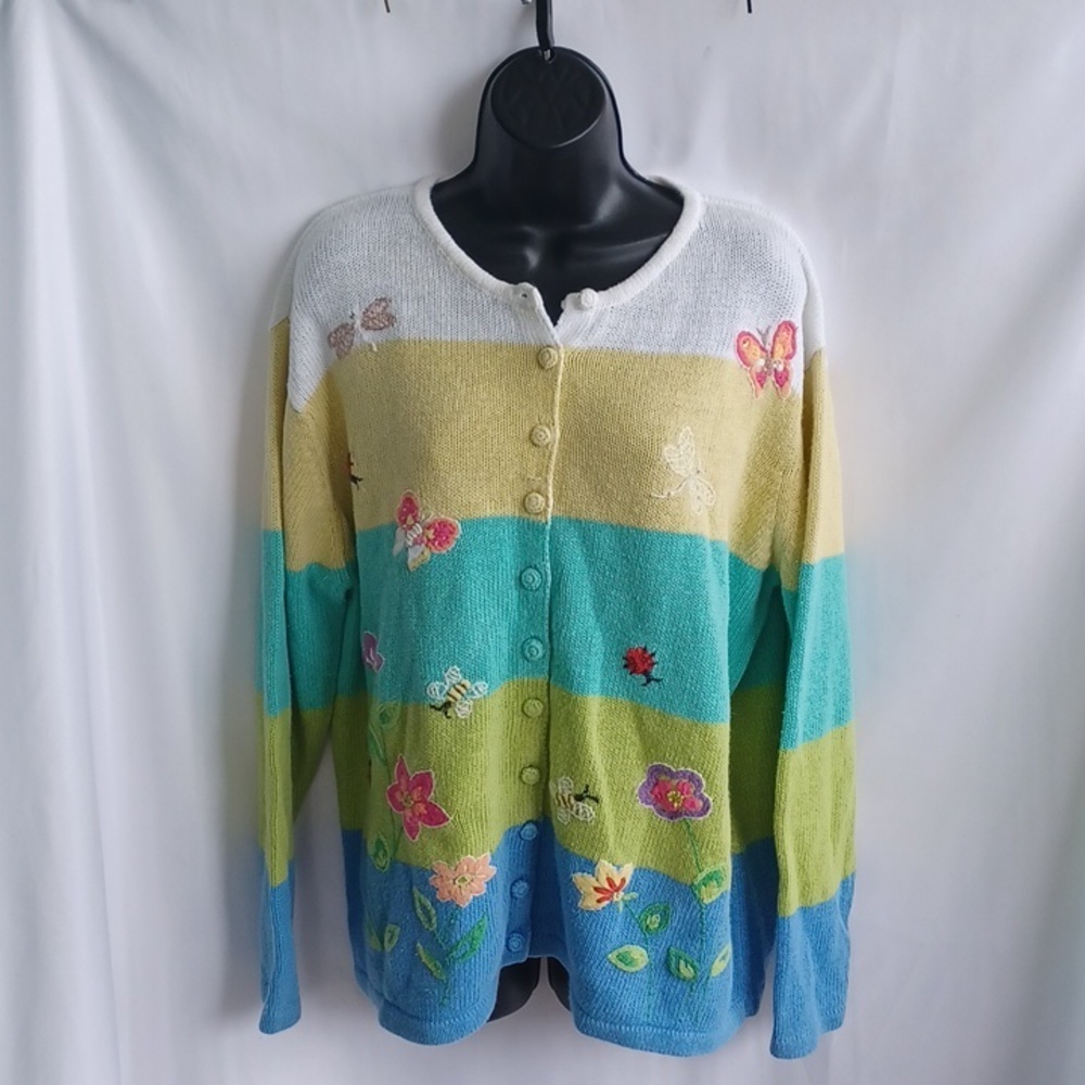 Stitches in Time button front cardigan, 1X, Embroidered, Butterflies, Flowers